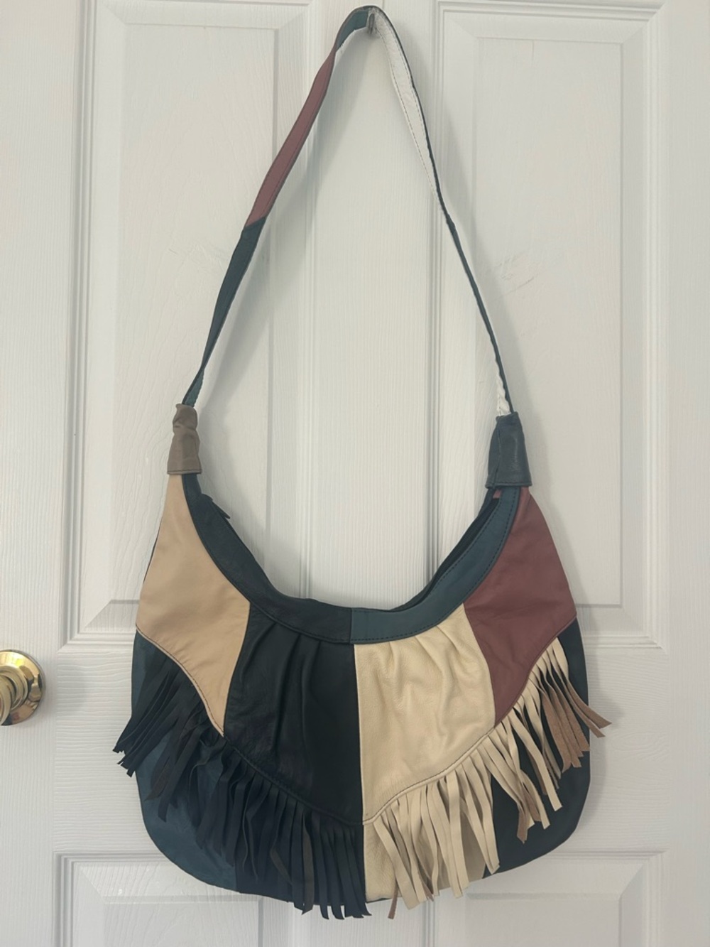 Vintage Genuine Leather Fringe Patchwork Hobo Bag Boho Western Y2K